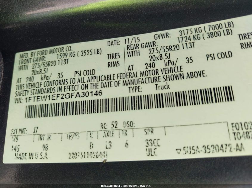 2016 Ford F-150 Platinum VIN: 1FTEW1EF2GFA30146 Lot: 42891694