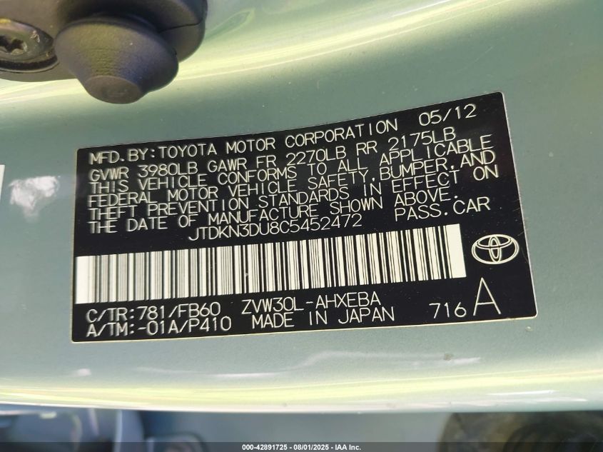 2012 Toyota Prius Three VIN: JTDKN3DU8C5452472 Lot: 42891725