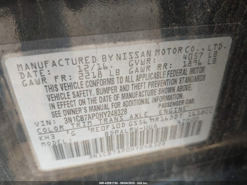 VIN 3N1CB7AP0HY248328 2017 NISSAN SENTRA SR TURBO
