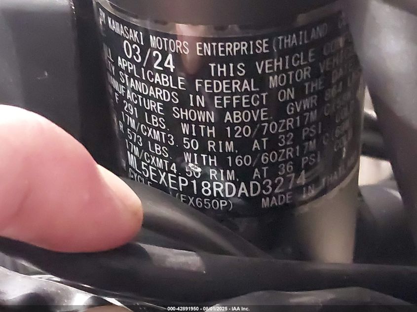 2024 Kawasaki Ex650 P VIN: ML5EXEP18RDAD3274 Lot: 42891950