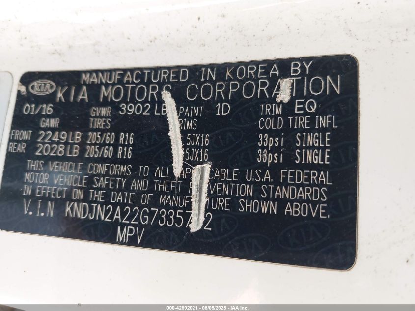 2016 Kia Soul VIN: KNDJN2A22G7335702 Lot: 42892021