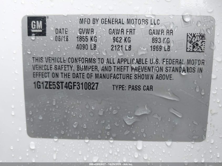 2016 Chevrolet Malibu 1Lt VIN: 1G1ZE5ST4GF310827 Lot: 42892027