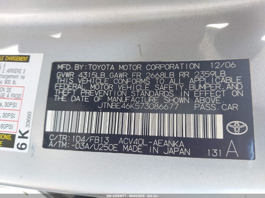 2007 Toyota Camry Le VIN: JTNBE46K573086677 Lot: 42892077