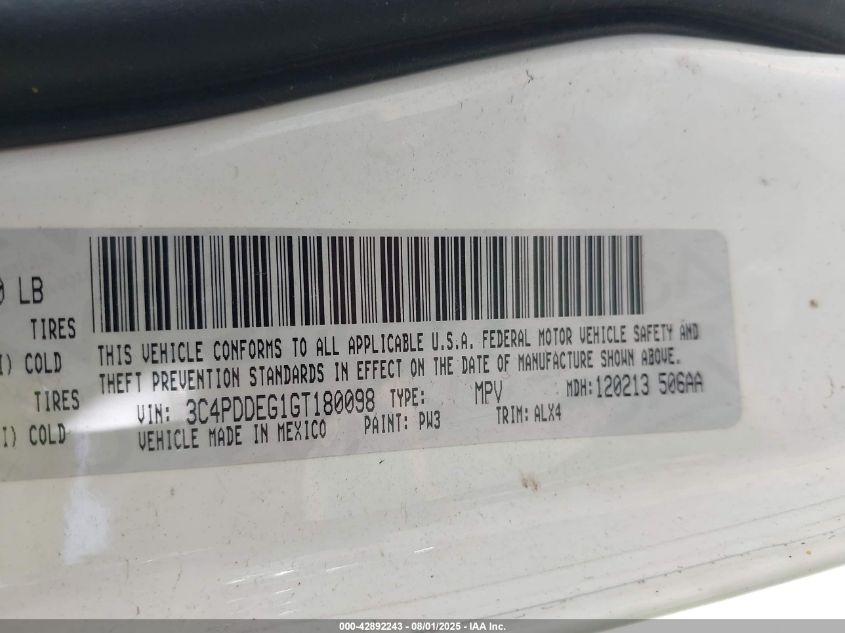 2016 Dodge Journey R/T VIN: 3C4PDDEG1GT180098 Lot: 42892243