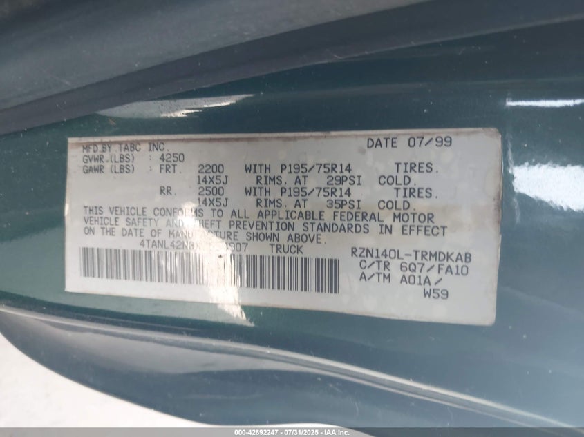 1999 Toyota Tacoma VIN: 4TANL42N3XZ554907 Lot: 42892247