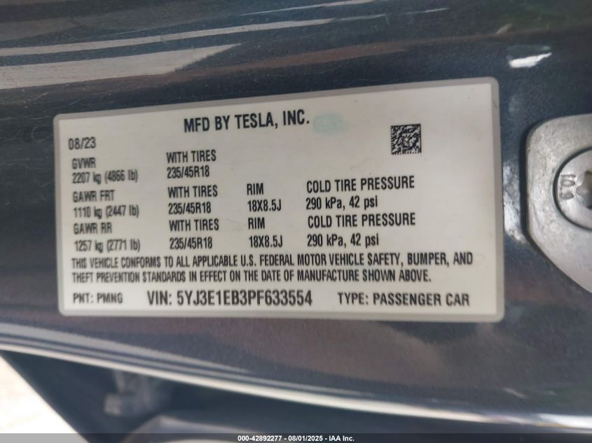 2023 Tesla Model 3 Long Range Dual Motor All-Wheel Drive VIN: 5YJ3E1EB3PF633554 Lot: 42892277