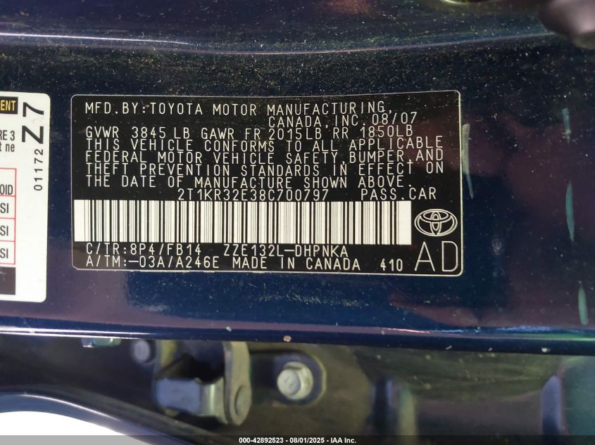 2008 Toyota Matrix Xr VIN: 2T1KR32E38C700797 Lot: 42892523