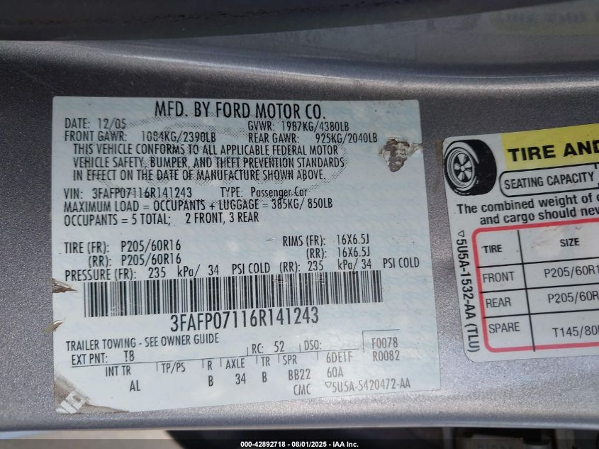 2006 Ford Fusion Se VIN: 3FAFP07116R141243 Lot: 42892718