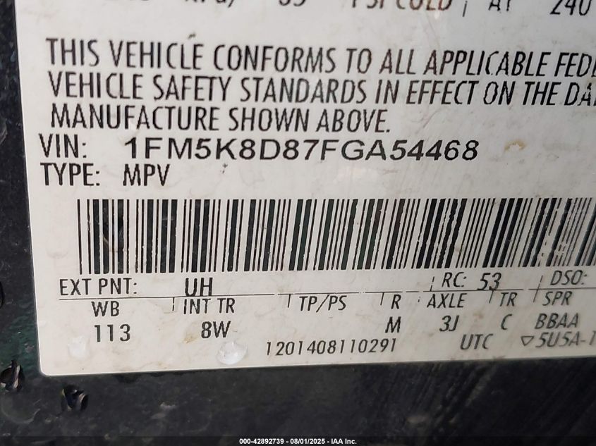 2015 Ford Explorer Xlt VIN: 1FM5K8D87FGA54468 Lot: 42892739