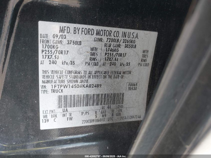 2004 Ford F-150 Fx4/Lariat/Xlt VIN: 1FTPW14504KA82489 Lot: 42892797