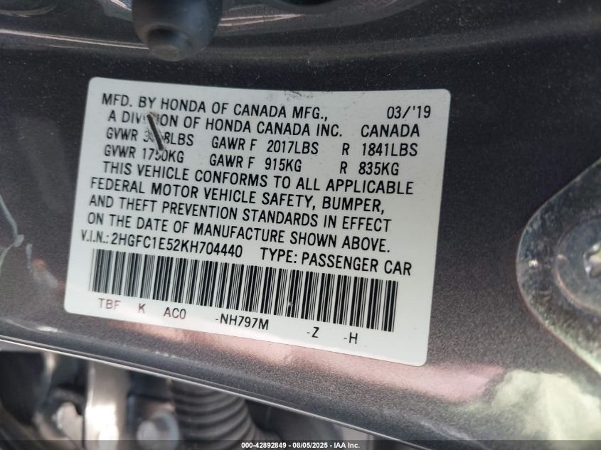 2019 Honda Civic Si VIN: 2HGFC1E52KH704440 Lot: 42892849