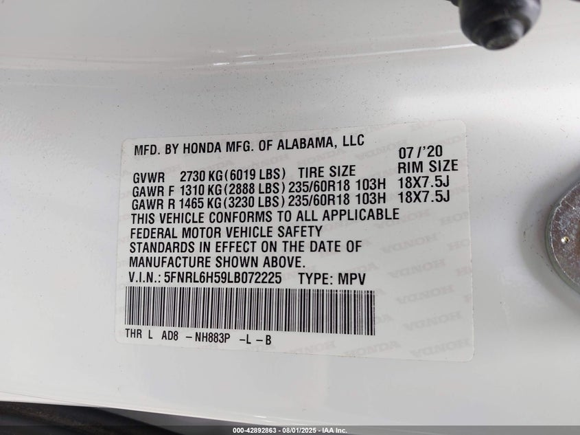 2020 Honda Odyssey Ex VIN: 5FNRL6H59LB072225 Lot: 42892863