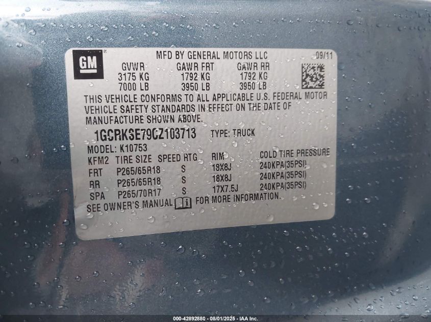 2012 Chevrolet Silverado 1500 Lt VIN: 1GCRKSE79CZ103713 Lot: 42892880