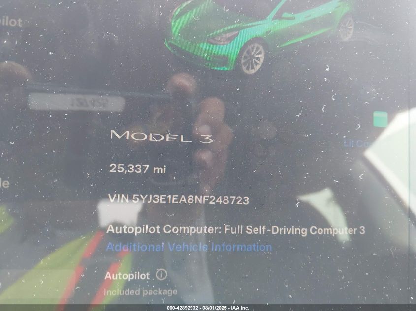 2022 Tesla Model 3 Rear-Wheel Drive VIN: 5YJ3E1EA8NF248723 Lot: 42892932