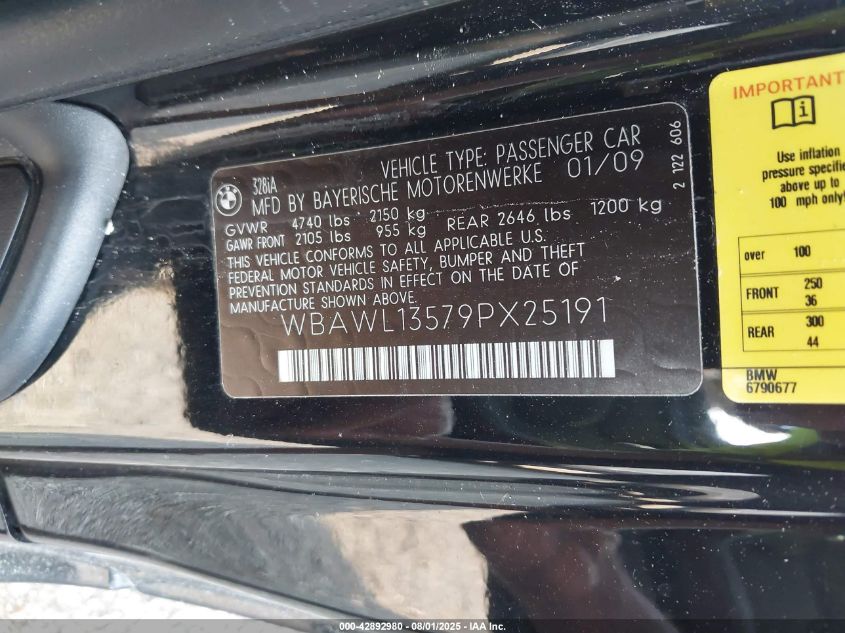 2009 BMW 328I VIN: WBAWL13579PX25191 Lot: 42892980
