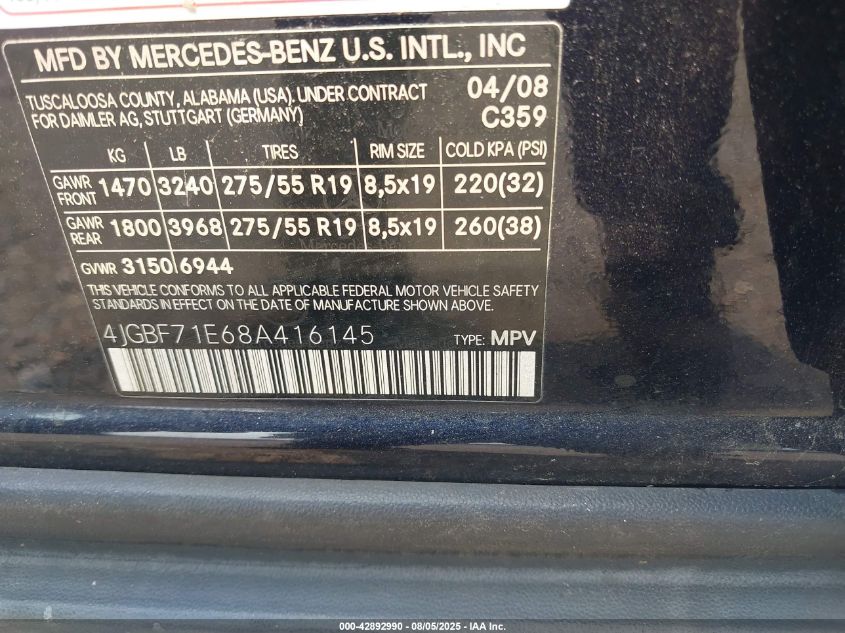 2008 Mercedes-Benz Gl 450 4Matic VIN: 4JGBF71E68A416145 Lot: 42892990