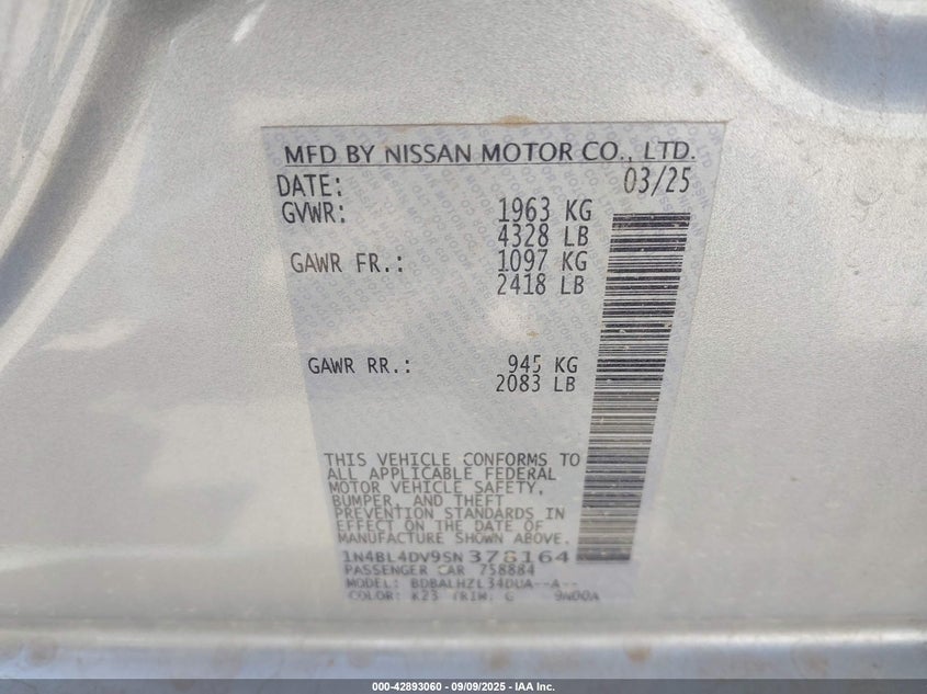 2025 NISSAN ALTIMA 2.5L I-4 DI, DOHC, V(VIN: 1N4BL4DV9SN378164