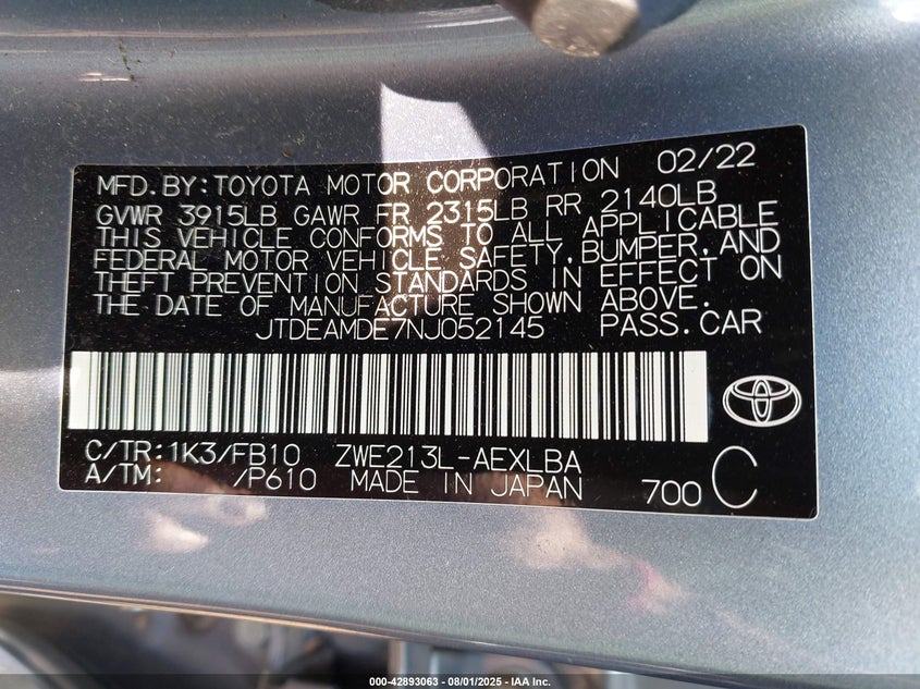 2022 TOYOTA COROLLA HYBRID LE - JTDEAMDE7NJ052145