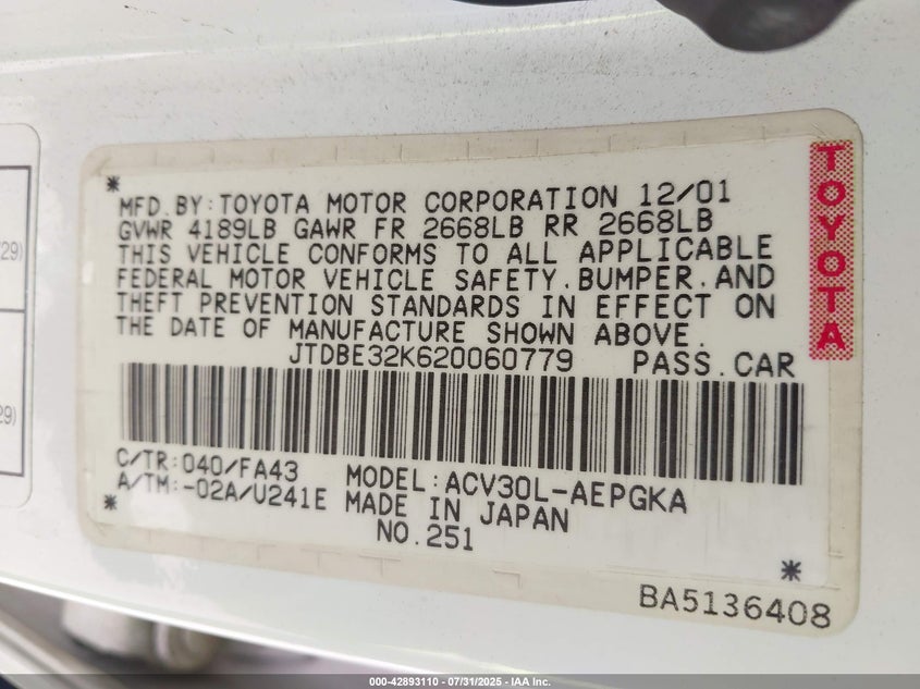 2002 Toyota Camry Xle VIN: JTDBE32K620060779 Lot: 42893110