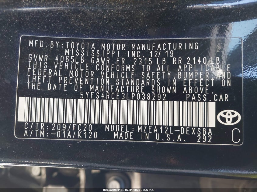 2020 TOYOTA COROLLA SE - 5YFS4RCE3LP038292