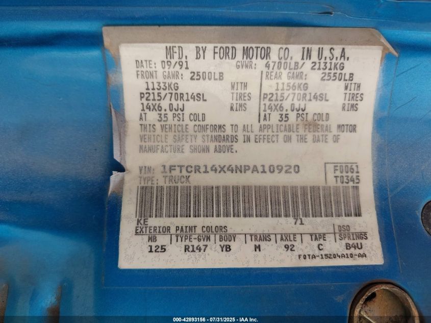 1992 Ford Ranger Super Cab VIN: 1FTCR14X4NPA10920 Lot: 42893156