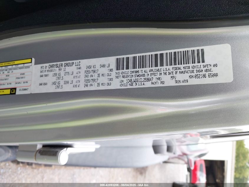 2012 Jeep Wrangler Unlimited Sport VIN: 1C4BJWDG1CL259647 Lot: 42893206