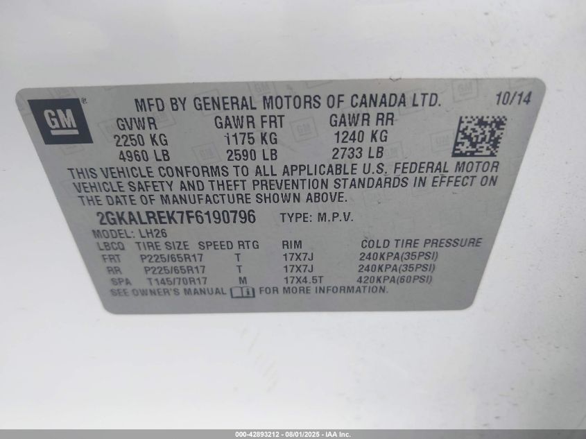 2015 GMC Terrain Sle-2 VIN: 2GKALREK7F6190796 Lot: 42893212