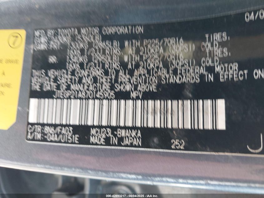 2007 Toyota Highlander V6 VIN: JTEGP21A870145905 Lot: 42893217