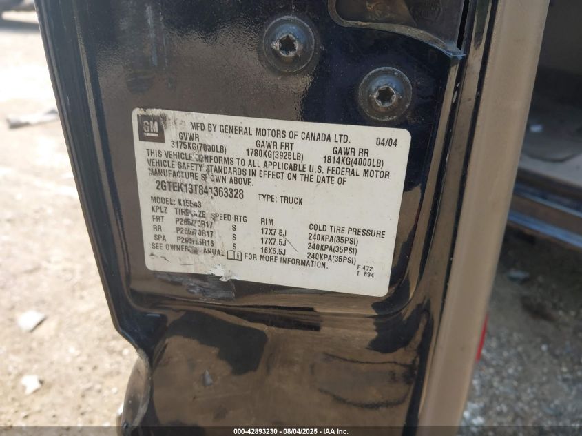 2004 GMC Sierra 1500 Slt VIN: 2GTEK13T841363328 Lot: 42893230