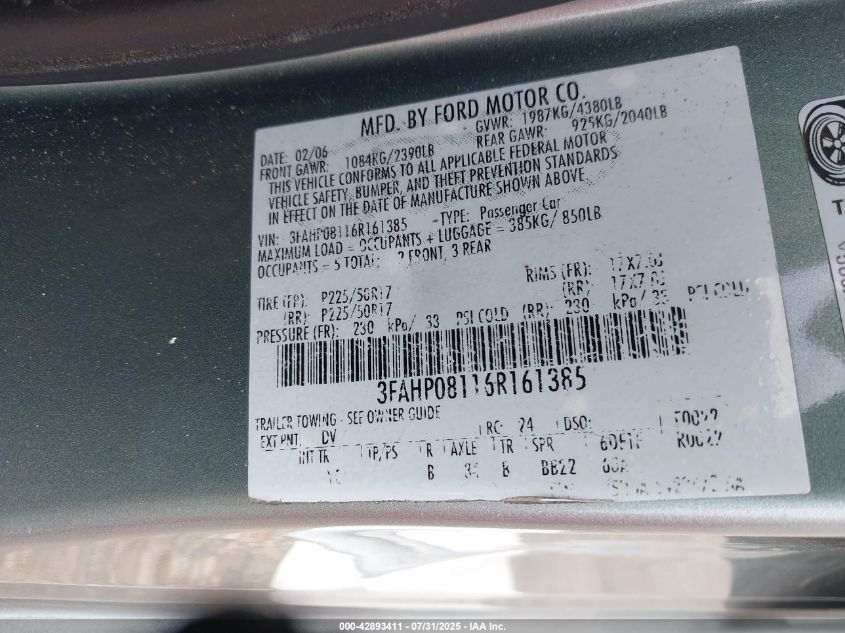 2006 Ford Fusion Sel VIN: 3FAHP08116R161385 Lot: 42893411