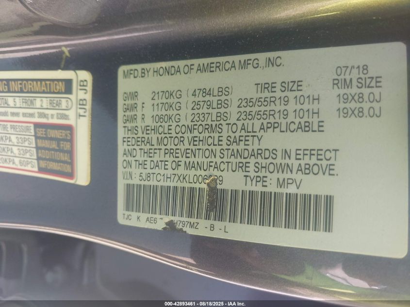 2019 Acura Rdx Advance Package VIN: 5J8TC1H7XKL006029 Lot: 42893461