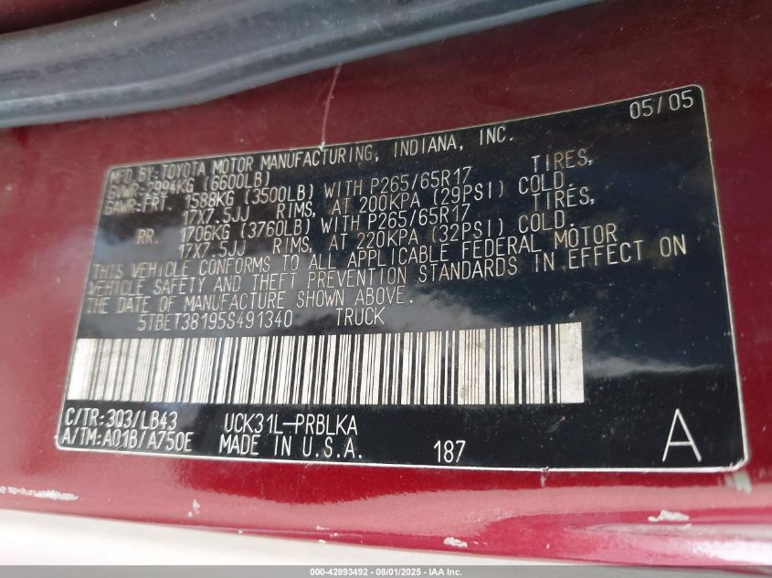 2005 Toyota Tundra Double Cab Limited VIN: 5TBET38195S491340 Lot: 42893492