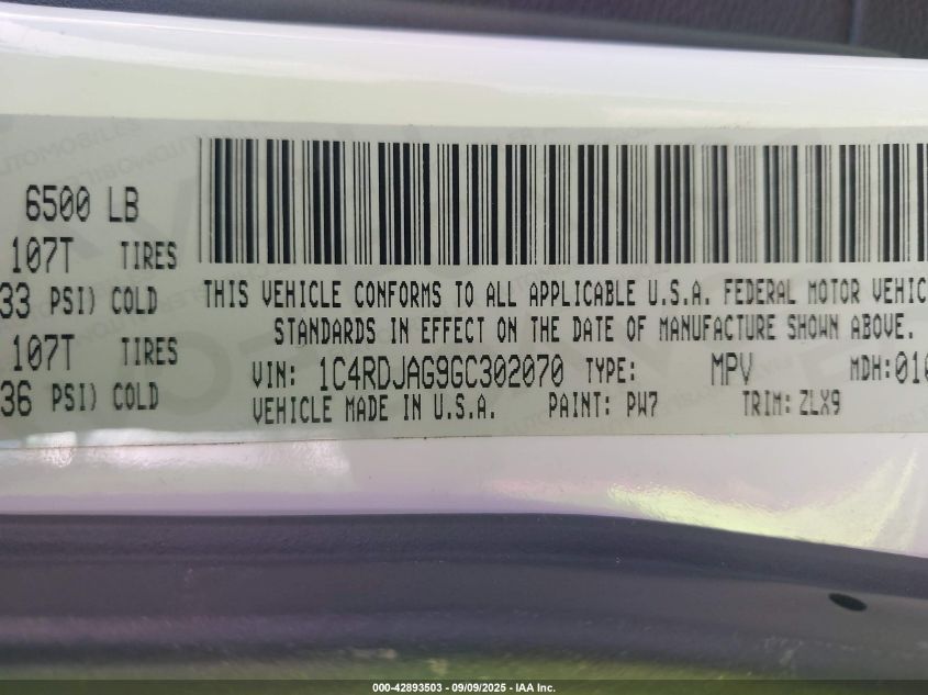 2016 Dodge Durango Sxt VIN: 1C4RDJAG9GC302070 Lot: 42893503