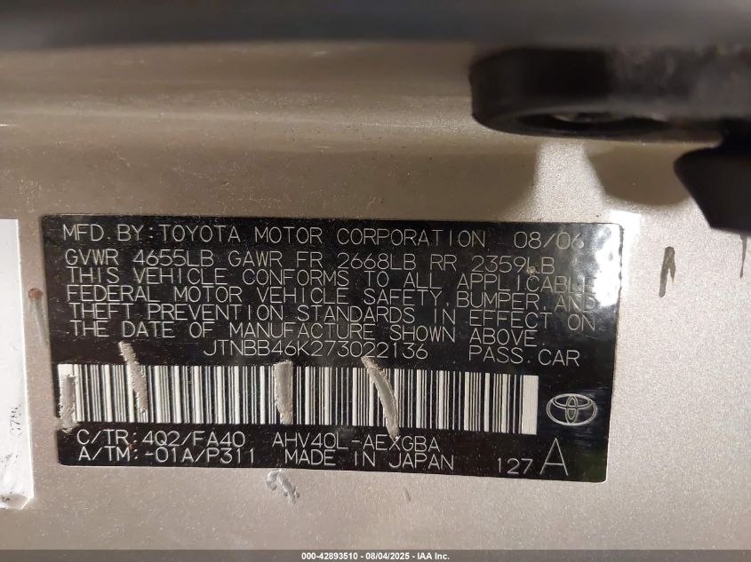 2007 Toyota Camry Hybrid VIN: JTNBB46K273022136 Lot: 42893510