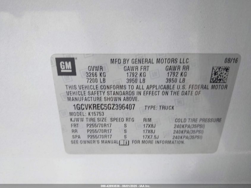 2016 Chevrolet Silverado 1500 1Lt VIN: 1GCVKREC5GZ396407 Lot: 42893536