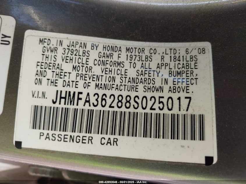 2008 Honda Civic Hybrid VIN: JHMFA36288S025017 Lot: 42893546