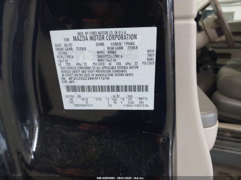 2008 Mazda Tribute I VIN: 4F2CZ02Z28KM11219 Lot: 42893563