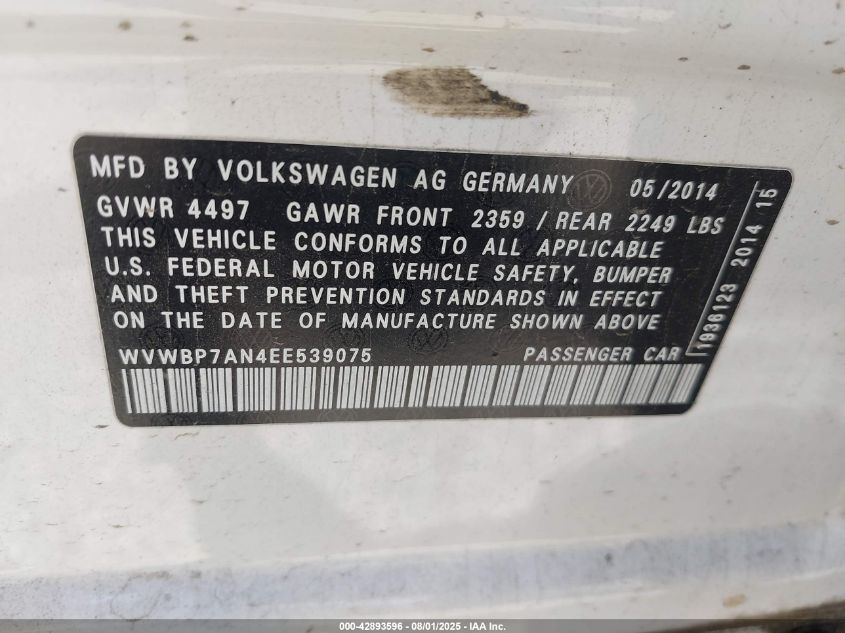 2014 Volkswagen Cc 2.0T R-Line VIN: WVWBP7AN4EE539075 Lot: 42893596