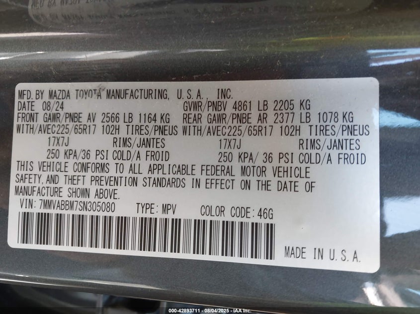 VIN 7MMVABBM7SN305080 2025 MAZDA CX-50 2.5 S PREFERRED PACKAGE