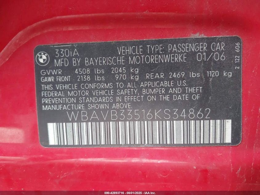 2006 BMW 330I VIN: WBAVB33516KS34862 Lot: 42893716