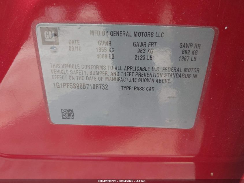 2011 Chevrolet Cruze 1Lt VIN: 1G1PF5S98B7108732 Lot: 42893723