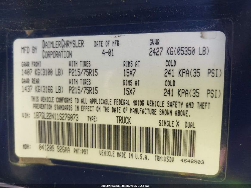 2001 Dodge Dakota VIN: 1B7GL22N11S276073 Lot: 42894066