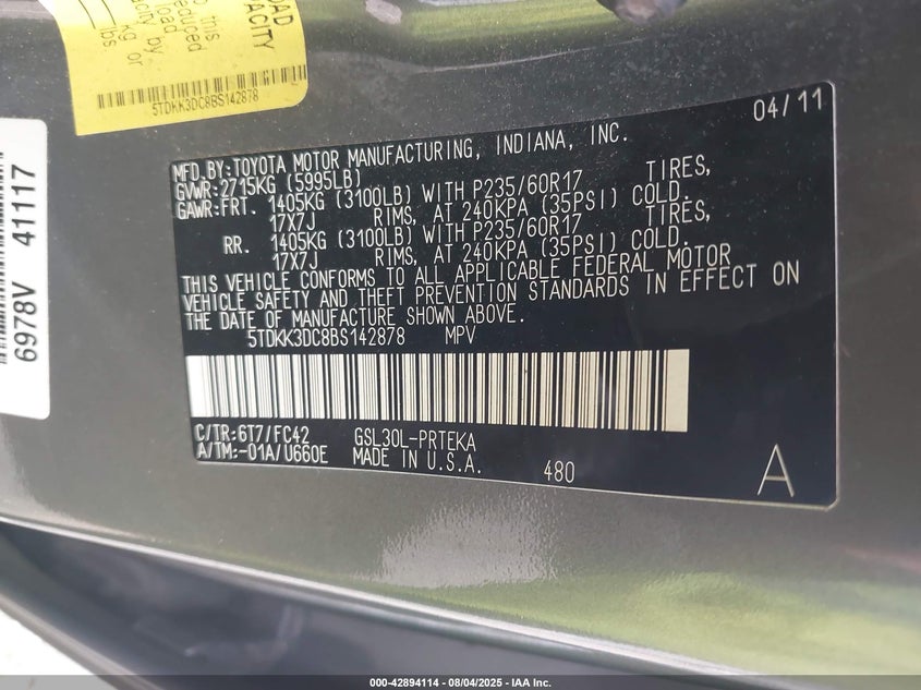 2011 Toyota Sienna Le VIN: 5TDKK3DC8BS142878 Lot: 42894114