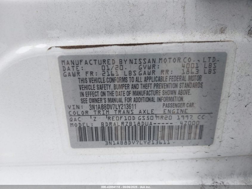 2020 Nissan Sentra Sr Xtronic Cvt VIN: 3N1AB8DV7LY213611 Lot: 42894118