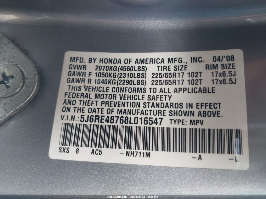 2008 Honda Cr-V Ex-L VIN: 5J6RE48768L016547 Lot: 42894135