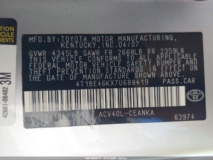 2007 Toyota Camry Ce/Le/Xle/Se VIN: 4T1BE46KX7U688419 Lot: 42894177
