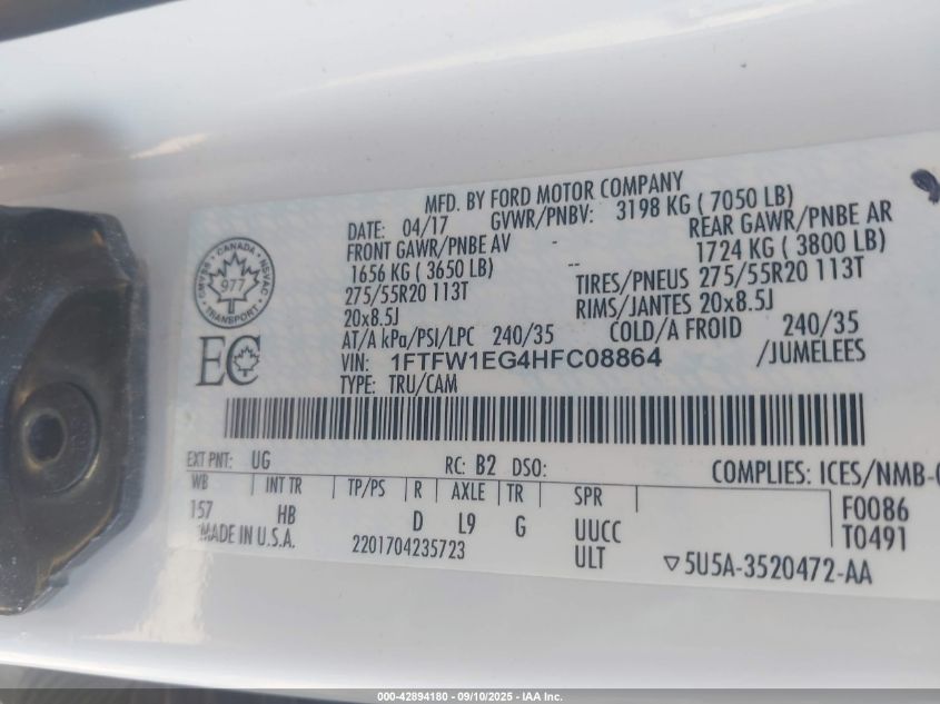 2017 Ford F-150 Lariat VIN: 1FTFW1EG4HFC08864 Lot: 42894180