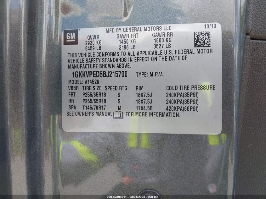 2011 GMC Acadia VIN: 1GKKRPDG5BJ215700 Lot: 42894211