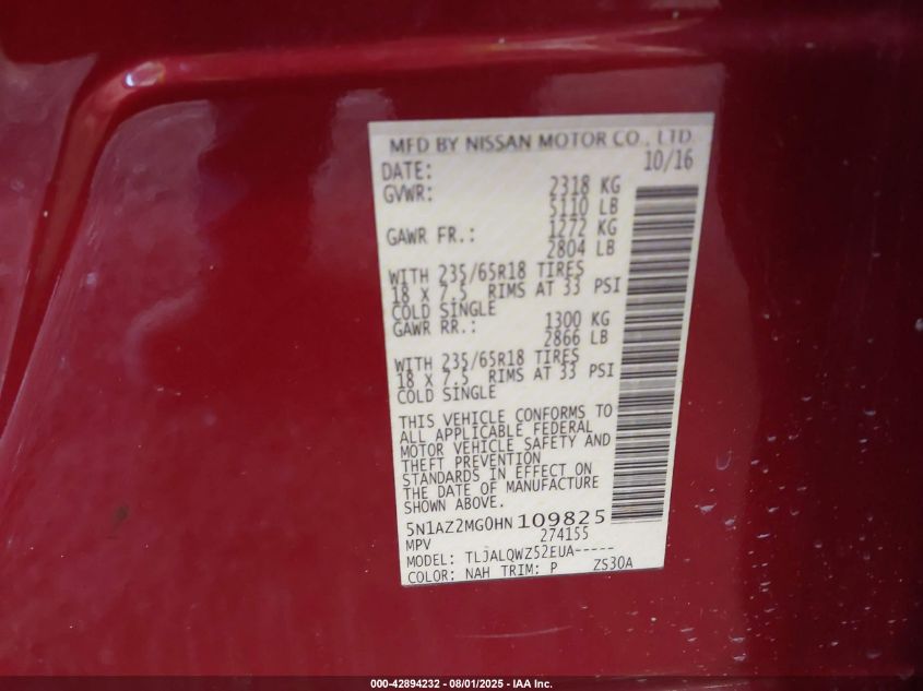 2017 Nissan Murano Platinum/S/Sl/Sv VIN: 5N1AZ2MG0HN109825 Lot: 42894232
