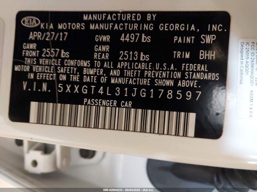 2018 Kia Optima Lx VIN: 5XXGT4L31JG178597 Lot: 42894233